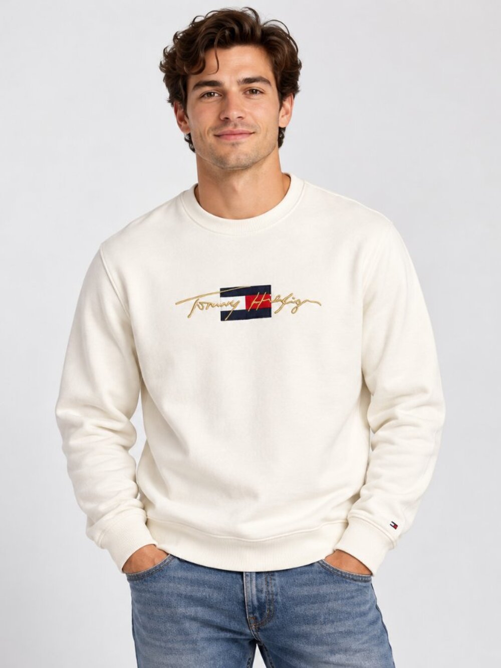 Tommy Hilfiger Men’s Ivory Logo Crewneck Sweatshirt – Size Large